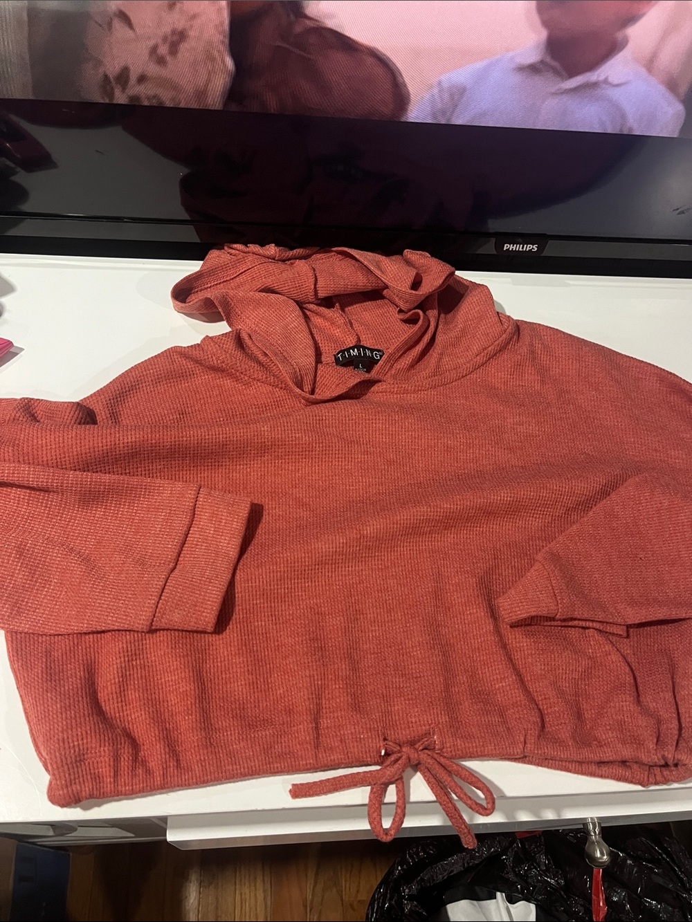 Timing Women's Rust Hooded Cropped Sweater with Drawstring